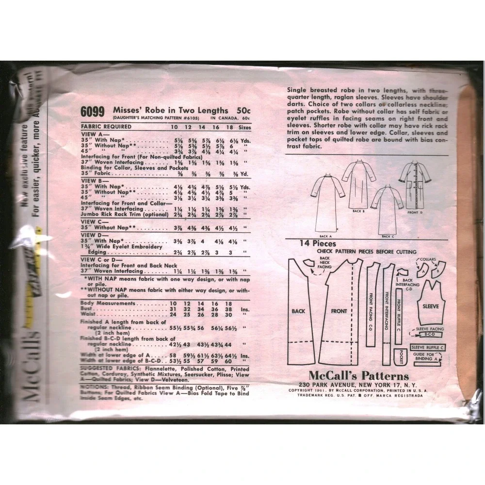 Vintage 1961 McCalls 6099 Sewing Pattern Misses Robe Two Lengths Size 18 Bust 38